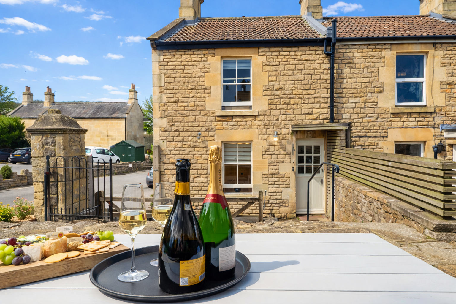Cheeseboard and sparkling wine on a table outside the cottage